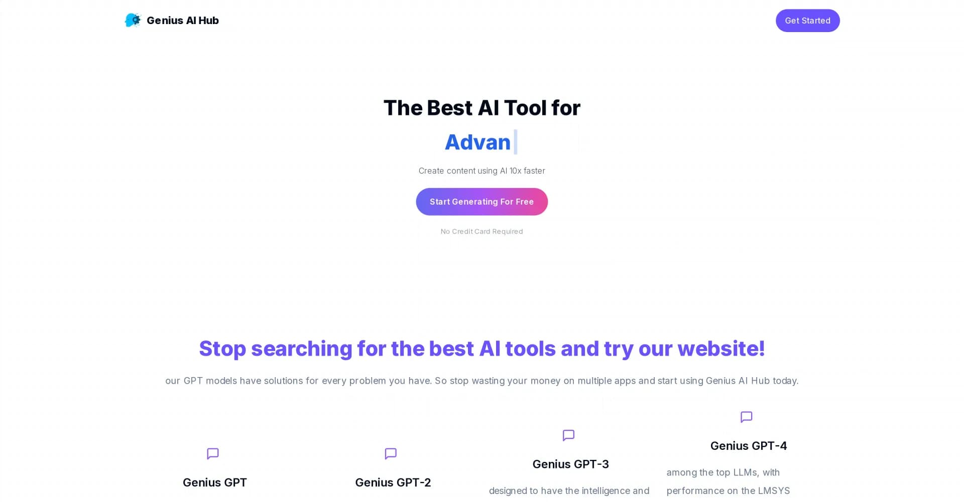 Genius AI Hub homepage screenshot — Create content using AI 10x faster