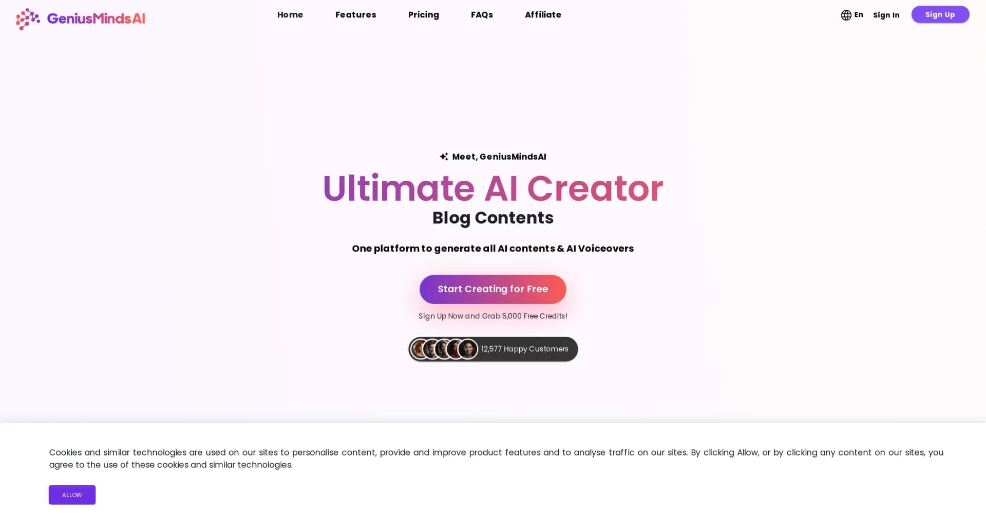 GeniusMindsAI homepage screenshot — One platform for all AI content creation needs