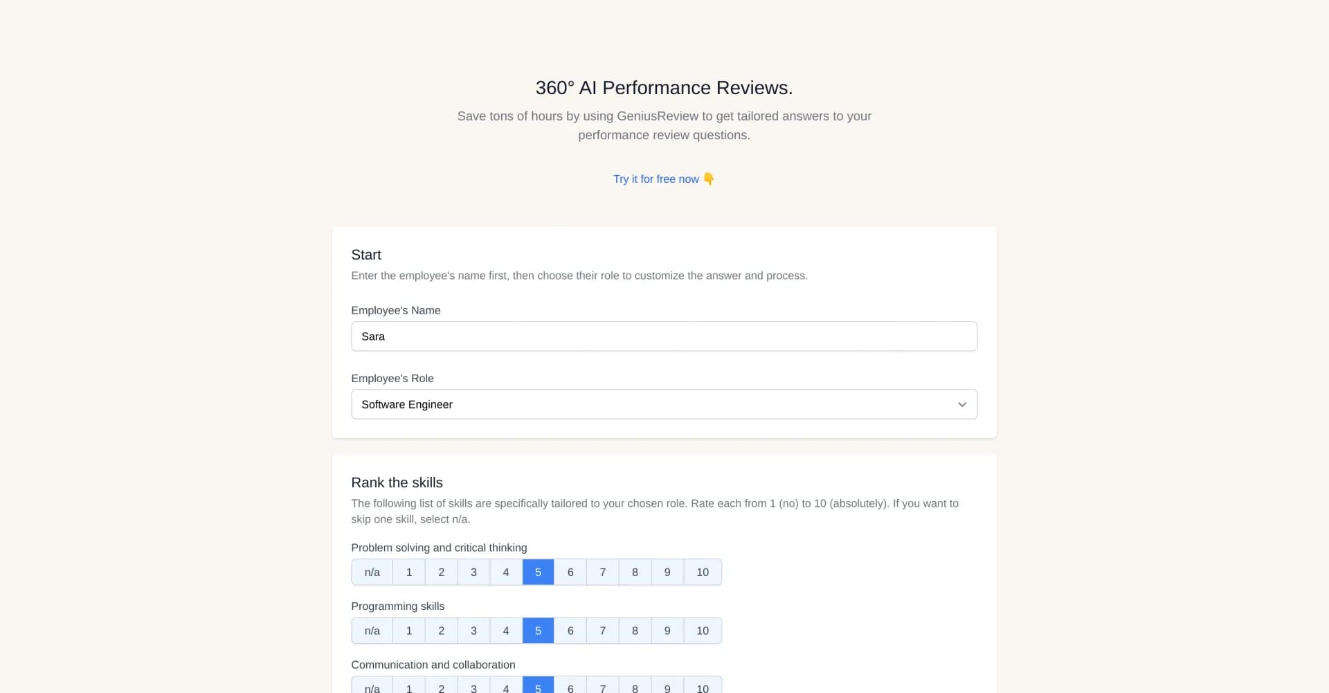 GeniusReview homepage screenshot — AI-powered 360 performance reviews in minutes.