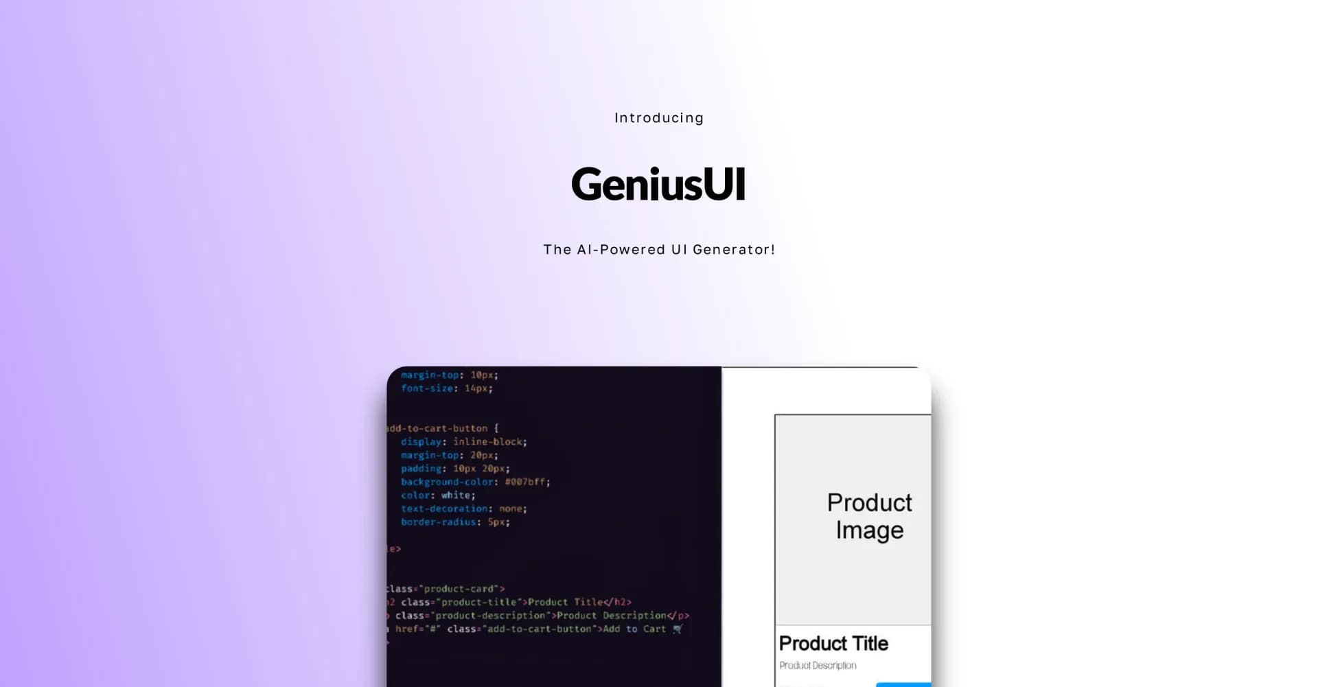 GeniusUI homepage screenshot — AI-powered UI design and code generation