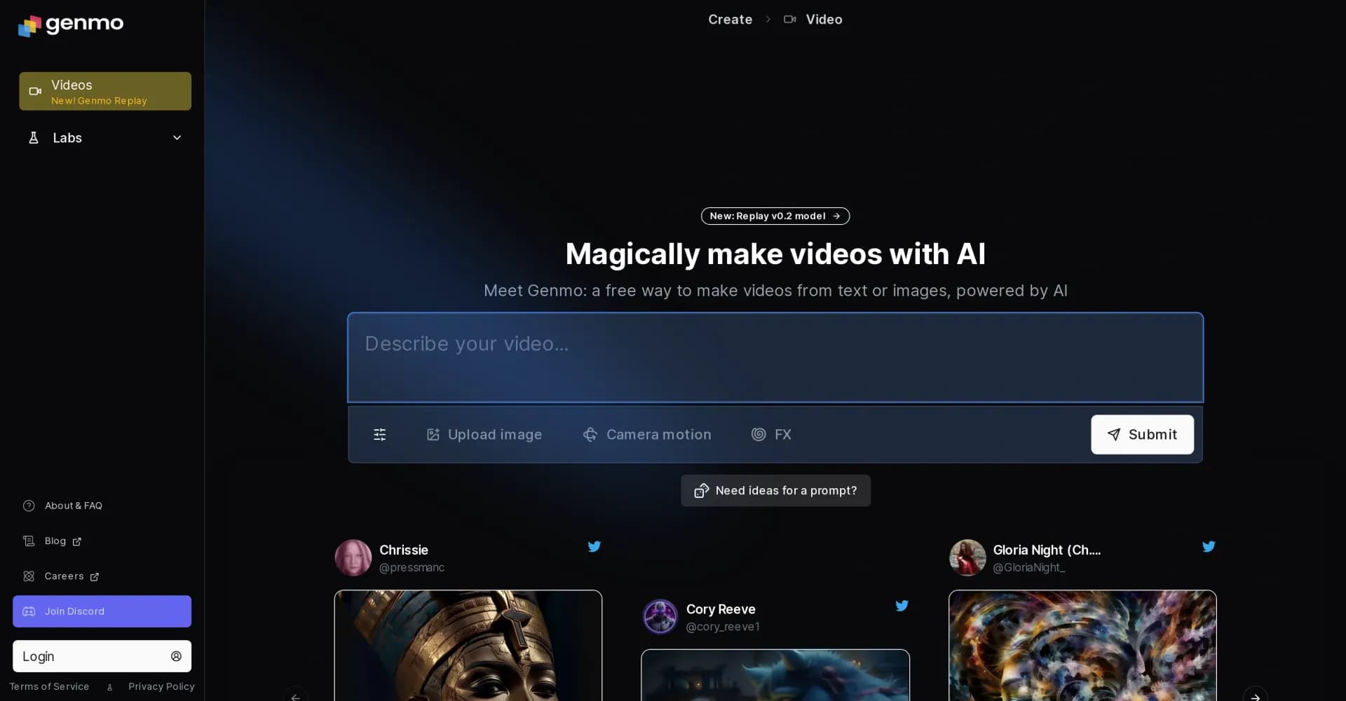 Genmo homepage screenshot — Create videos from text with AI.