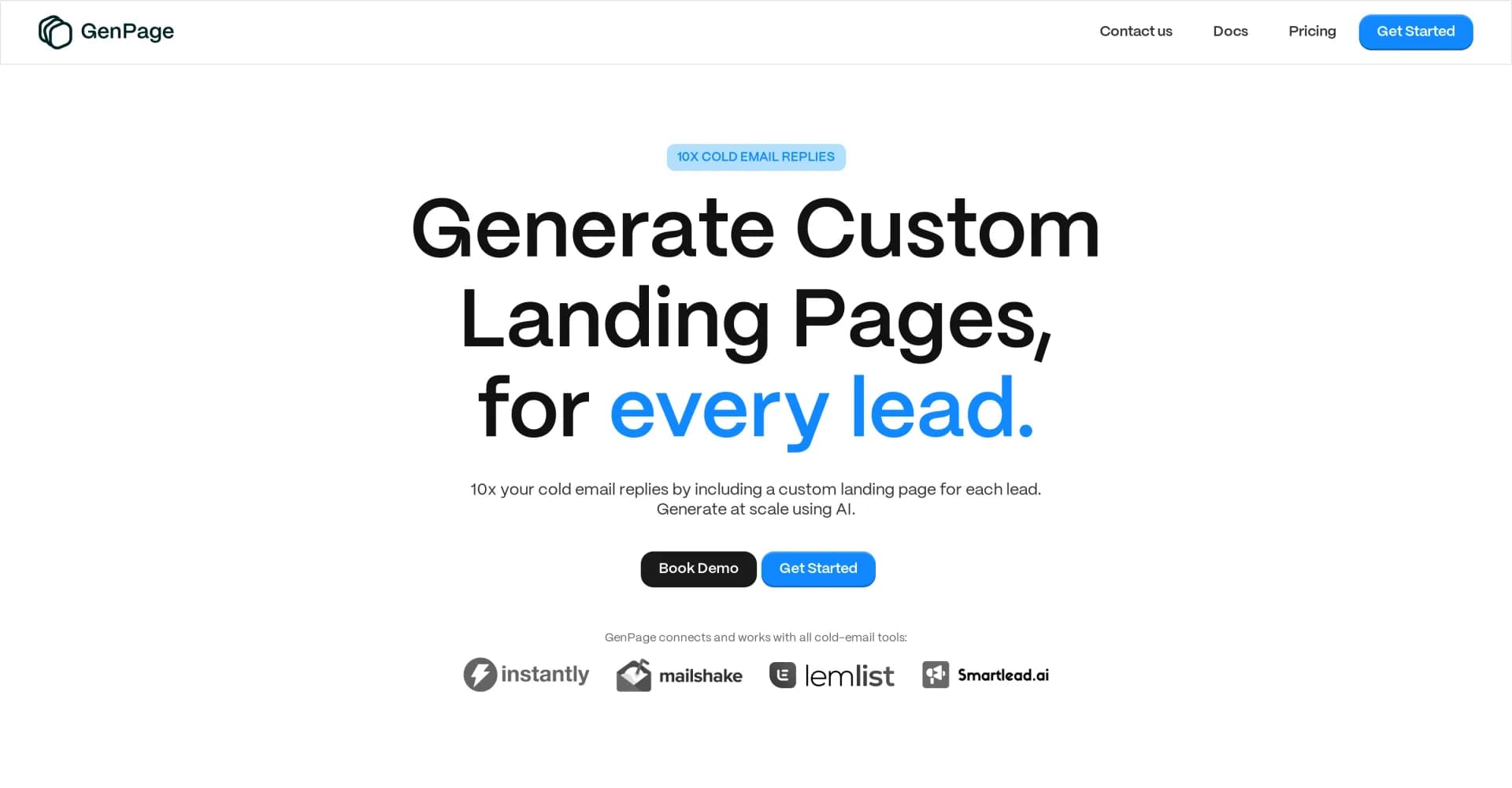 GenPage homepage screenshot — Generate personalized landing pages for every lead.