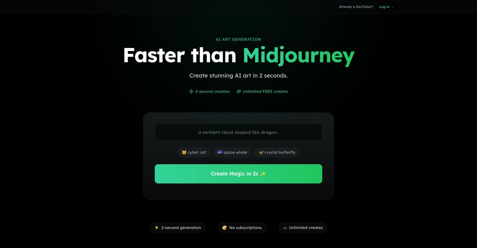 GenTube homepage screenshot — Create stunning AI art in 2 seconds