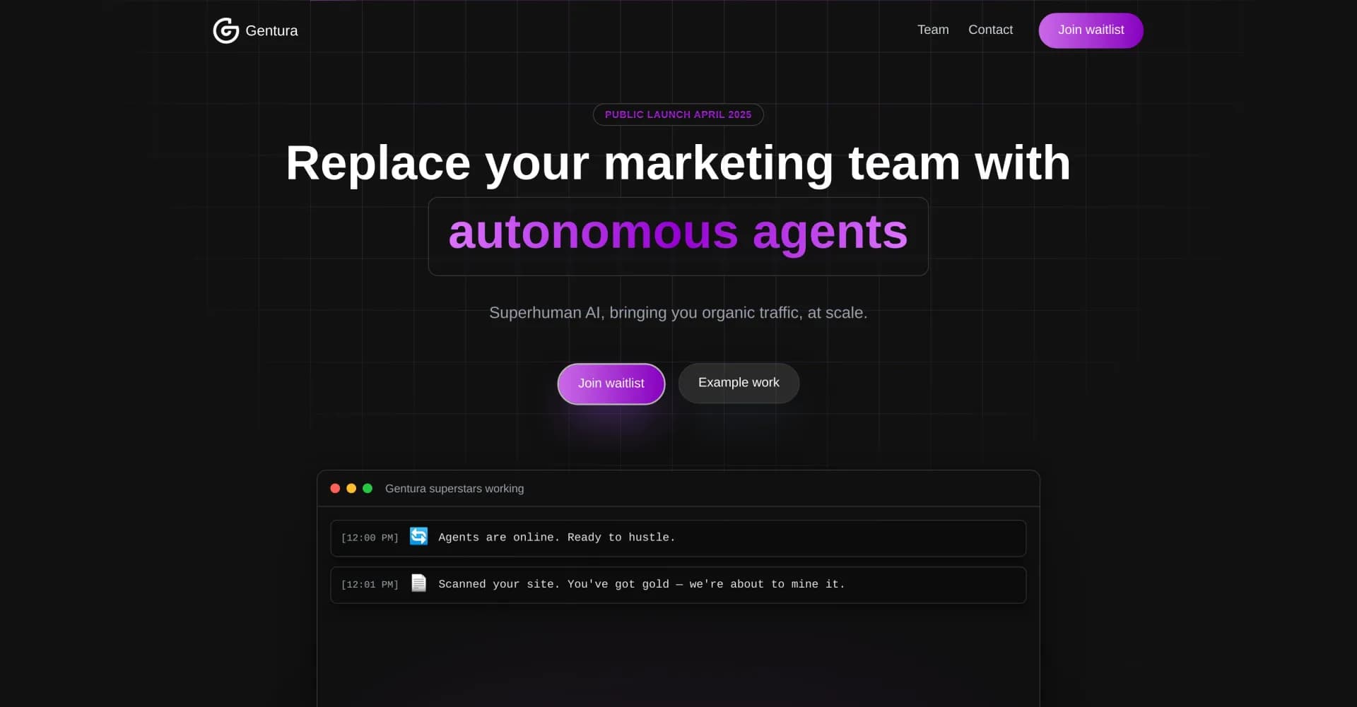 Gentura homepage screenshot — Replace your marketing team with autonomous AI agents
