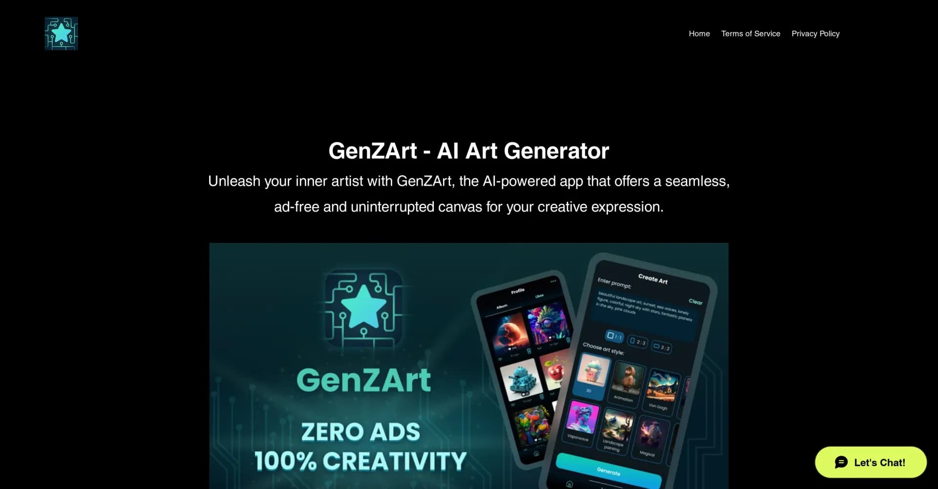Genzart homepage screenshot — AI-powered canvas for seamless creative expression.