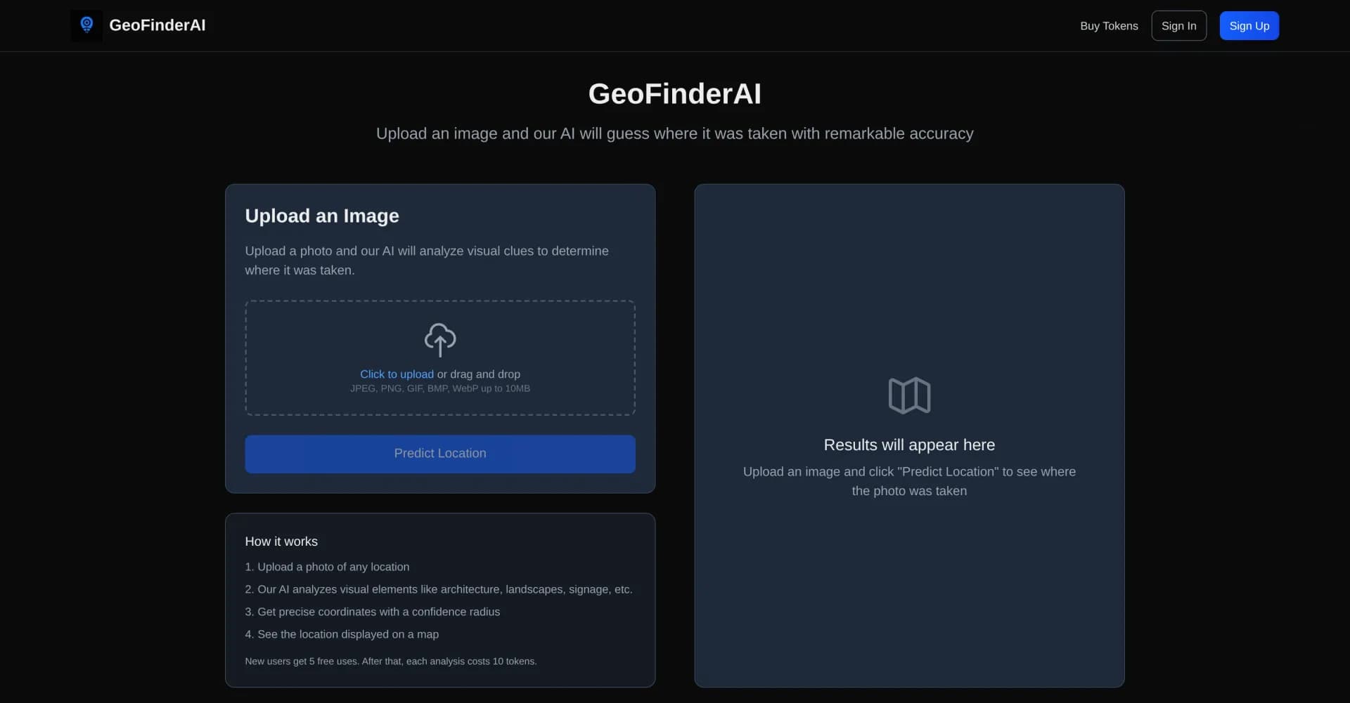 GeoFinderAI homepage screenshot — AI-powered location detection from images