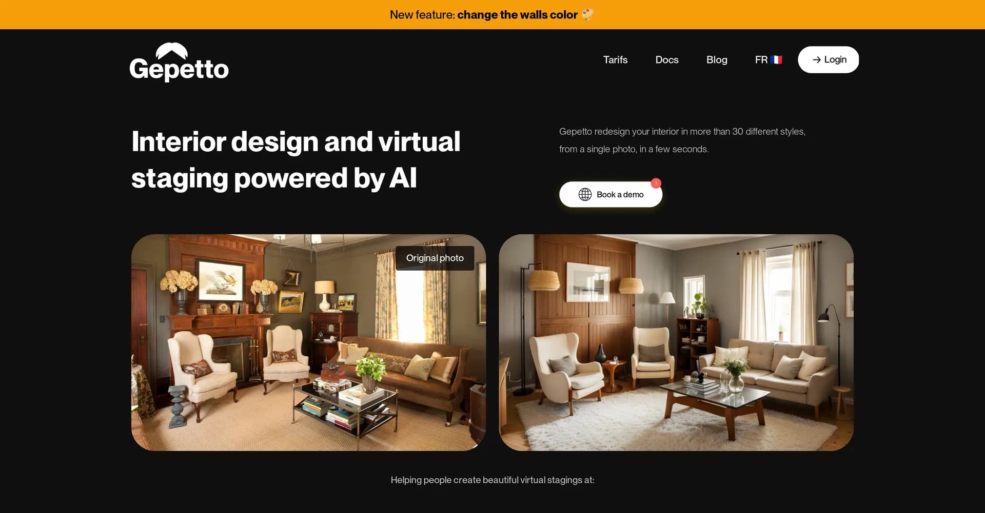 Gepetto AI homepage screenshot — AI-powered virtual staging in seconds