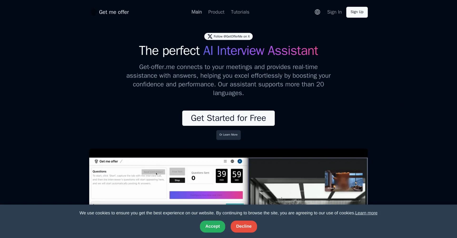 Get-Offer.me homepage screenshot — Ace interviews with real-time AI-generated answers