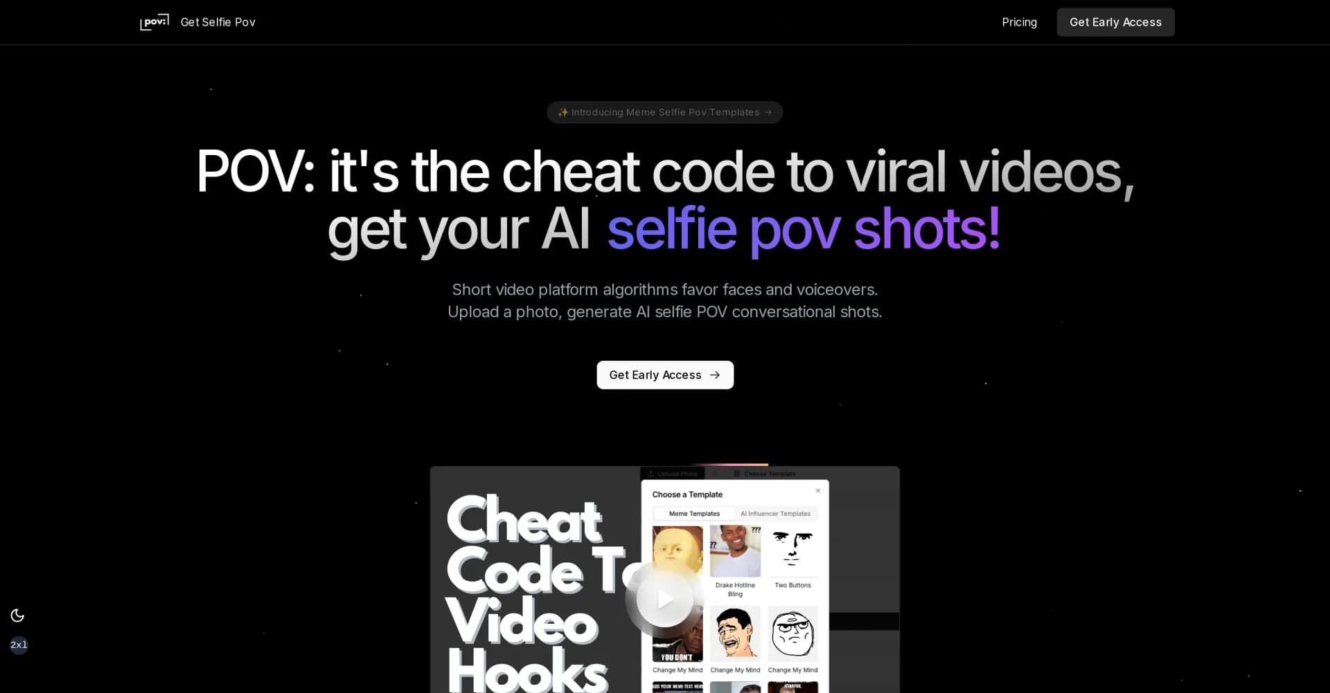 Get Selfie Pov homepage screenshot — AI-generated selfie POV shots for viral videos