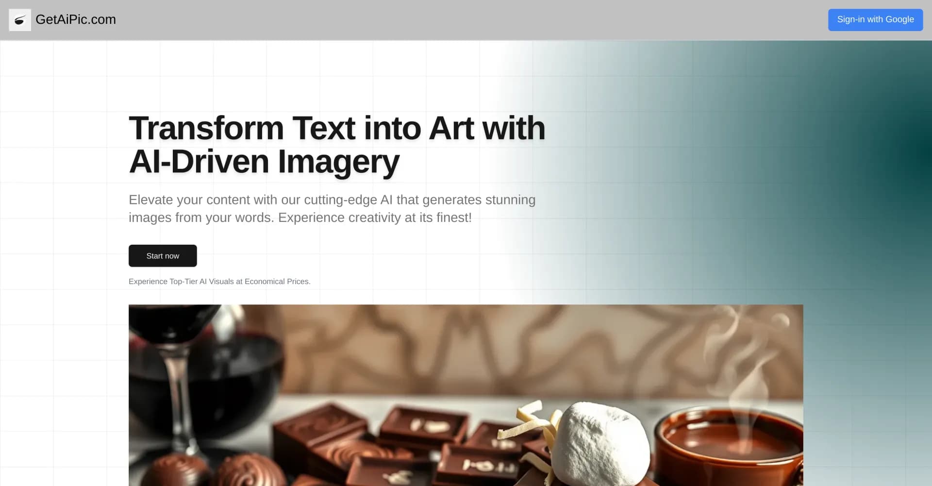 GetAiPic homepage screenshot — Transform text into stunning AI-generated art.