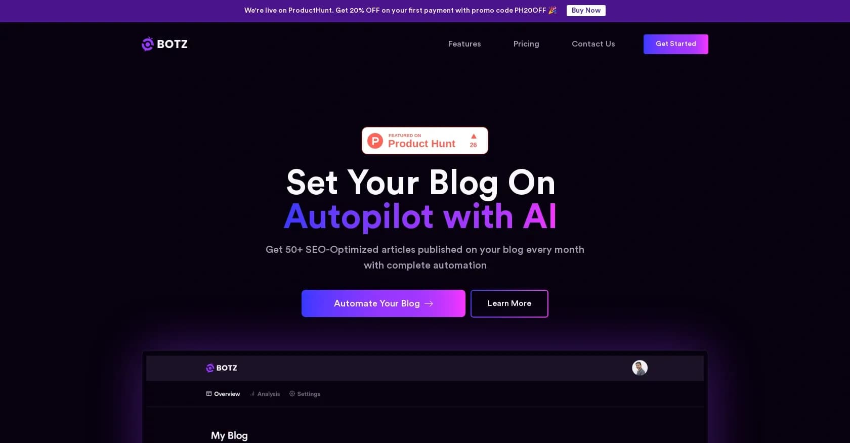 GetBotz homepage screenshot — Set your blog on autopilot with AI-powered content