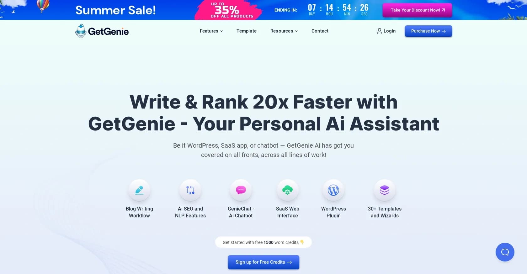 GetGenie homepage screenshot — Write and rank content 20x faster with AI.