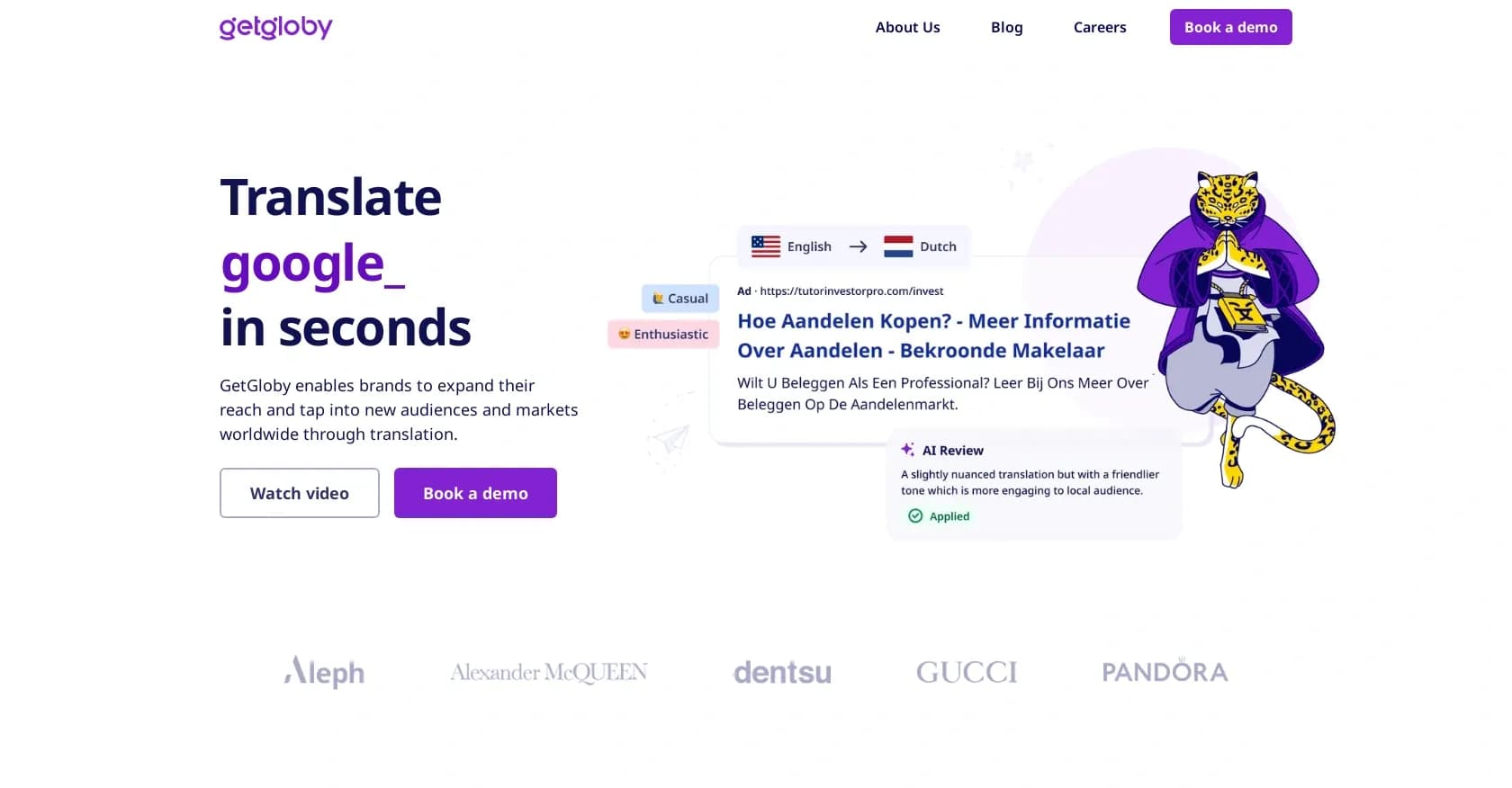 GetGloby homepage screenshot — AI-powered translation for global marketing campaigns