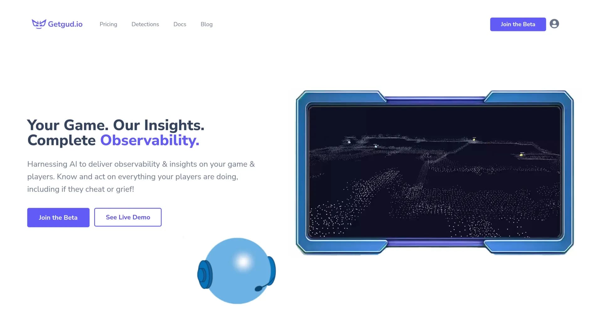 Getgud.io homepage screenshot — AI-powered game observability for player insights
