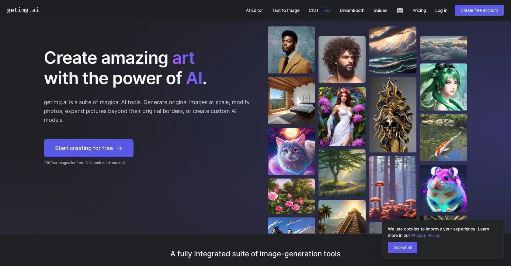 Getimg.ai homepage screenshot — Magical AI tools for stunning image creation