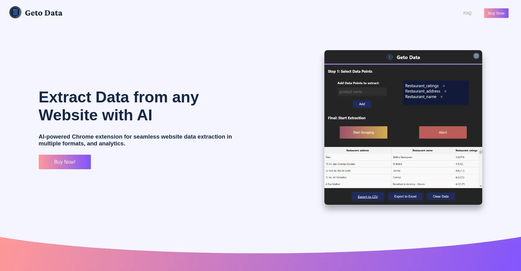 GetOData homepage screenshot — Extract website data with AI-powered Chrome extension.
