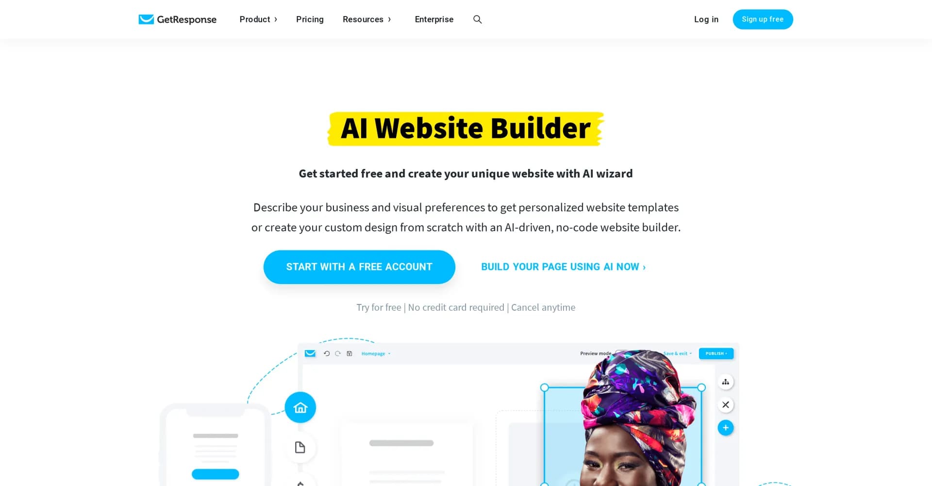 GetResponse AI Website Builder homepage screenshot — Design professional websites effortlessly with AI.