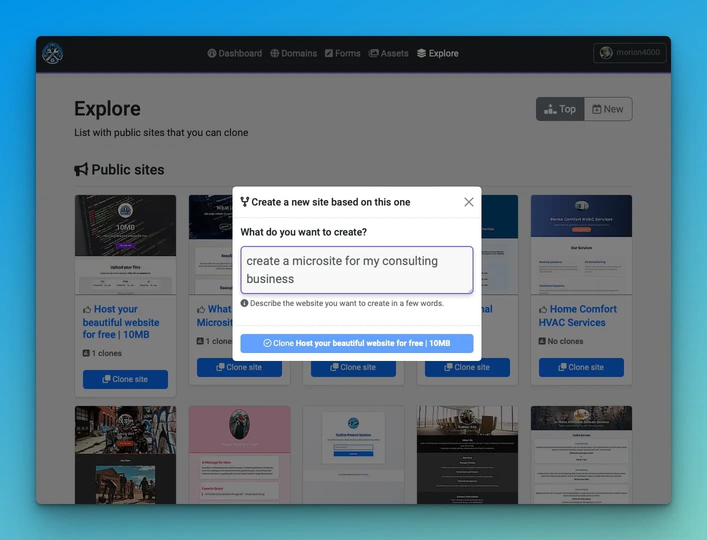 GetSite homepage screenshot — Create a website in minutes by answering a few questions