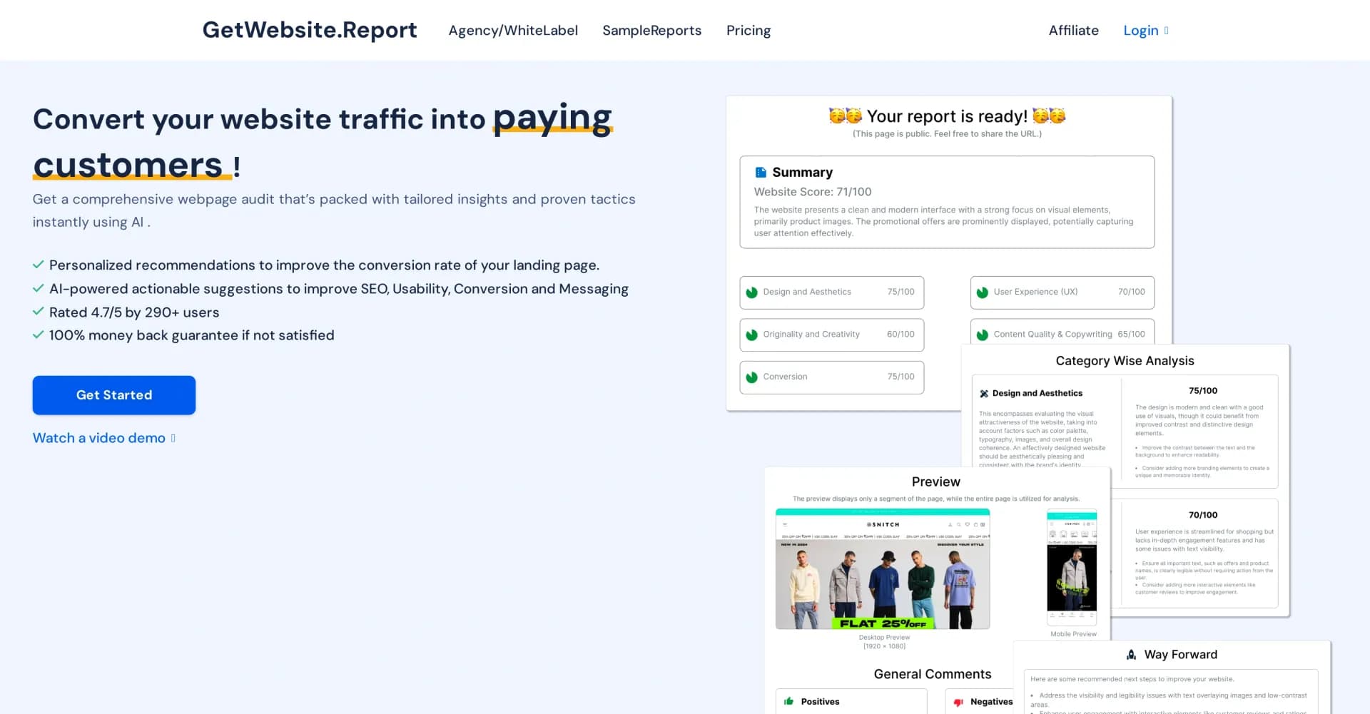 GetWebsite.Report homepage screenshot — AI-powered website audits for higher conversions.