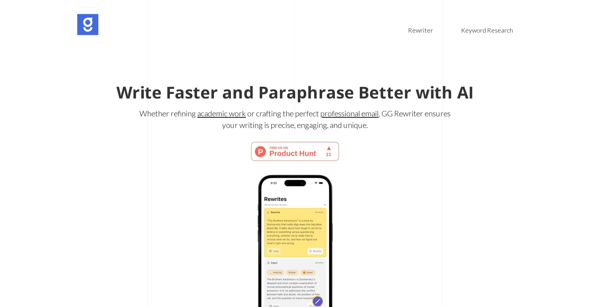 GG Rewriter homepage screenshot — Elevate your writing with AI-powered precision