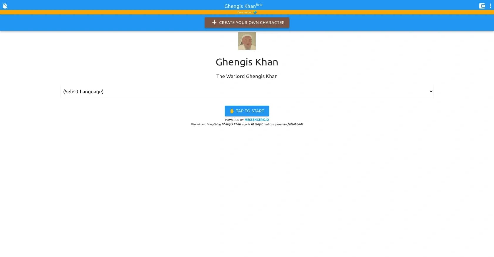 Ghengis Khan chatbot homepage screenshot — AI-powered Genghis Khan: Conquer conversations with history.