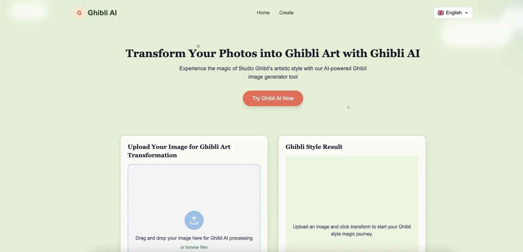Ghibli AI homepage screenshot — Transform photos into magical Ghibli art