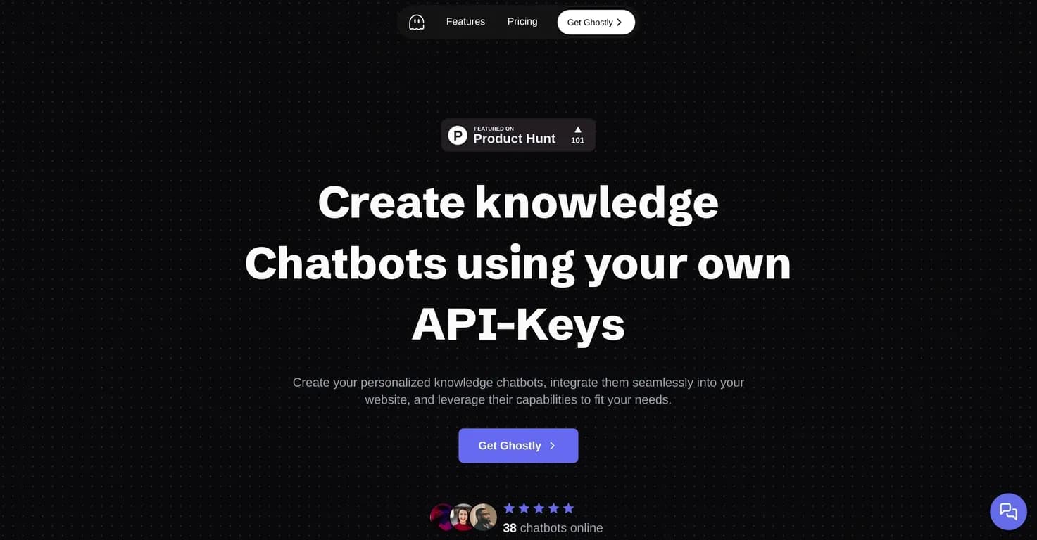Ghostly Chat homepage screenshot — Build user-friendly chatbots in minutes, no coding required.