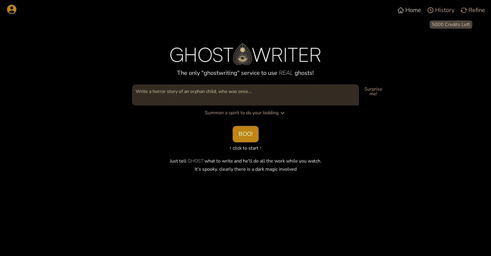 GhostTheWriter homepage screenshot — Summon spirits to write for you while you watch.