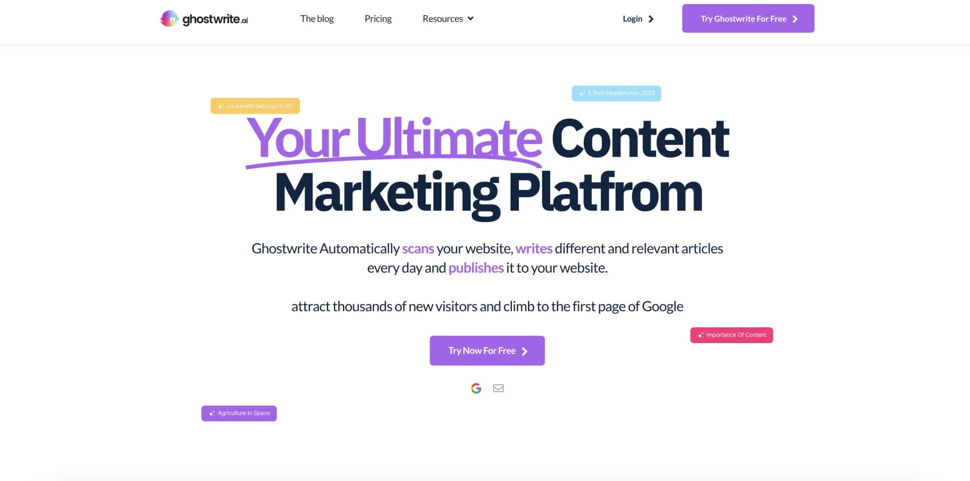 Ghostwrites homepage screenshot — AI-powered content creation for organic traffic growth