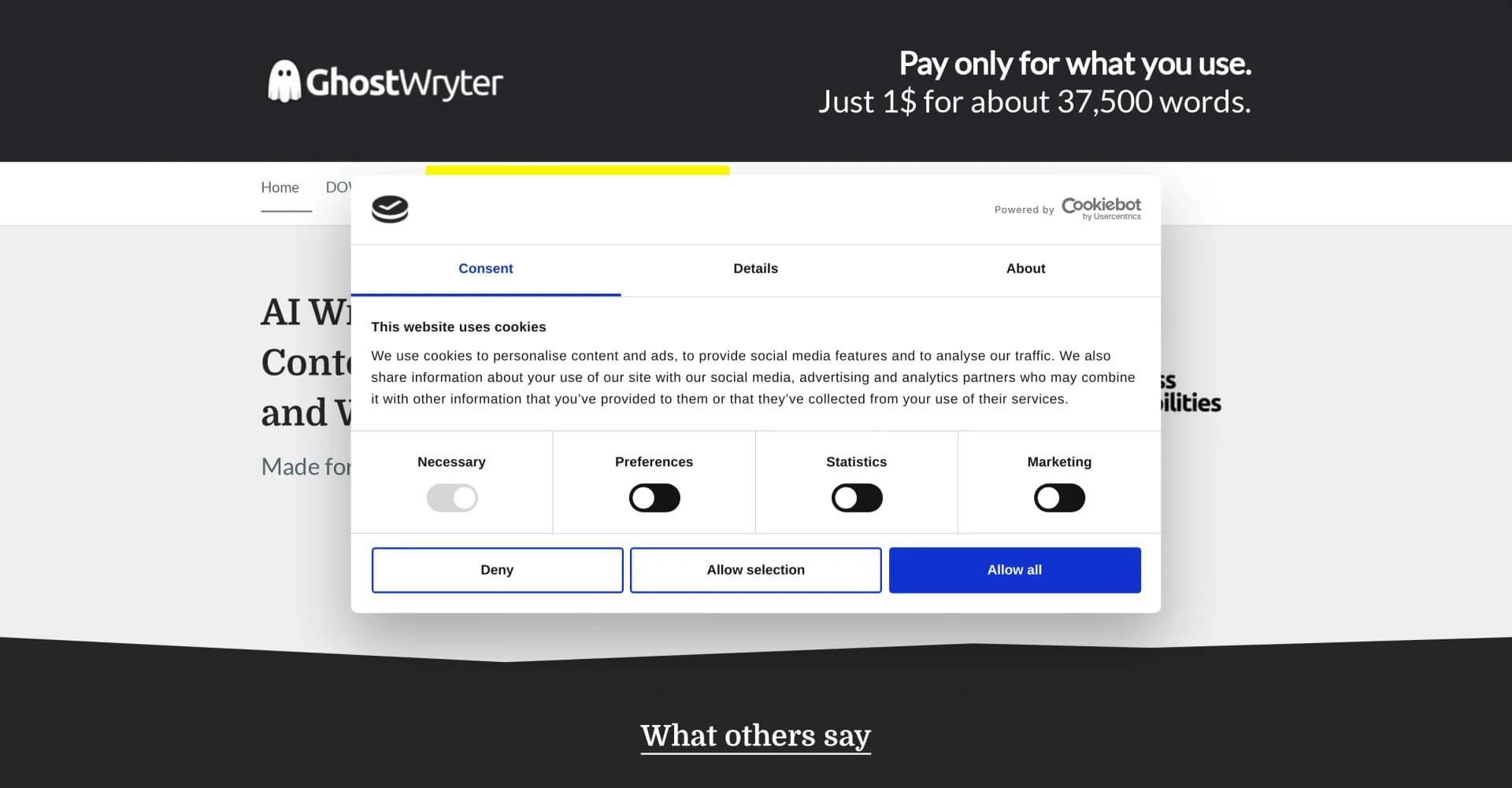 GhostWryter homepage screenshot — AI writing assistant for Google Docs