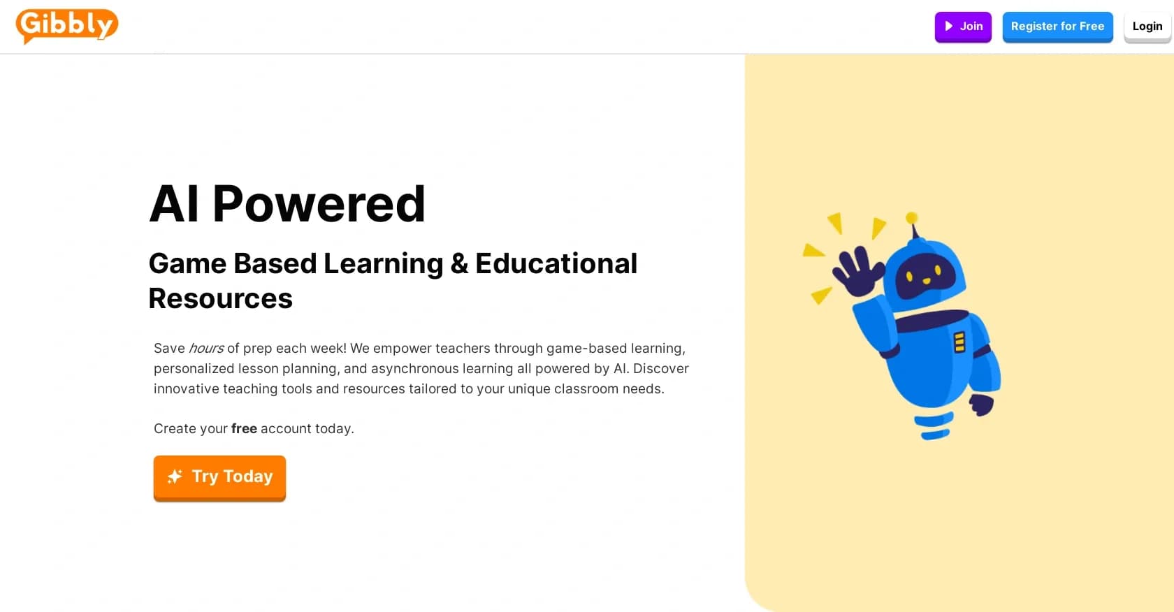 Gibbly homepage screenshot — AI-powered game-based learning for teachers.
