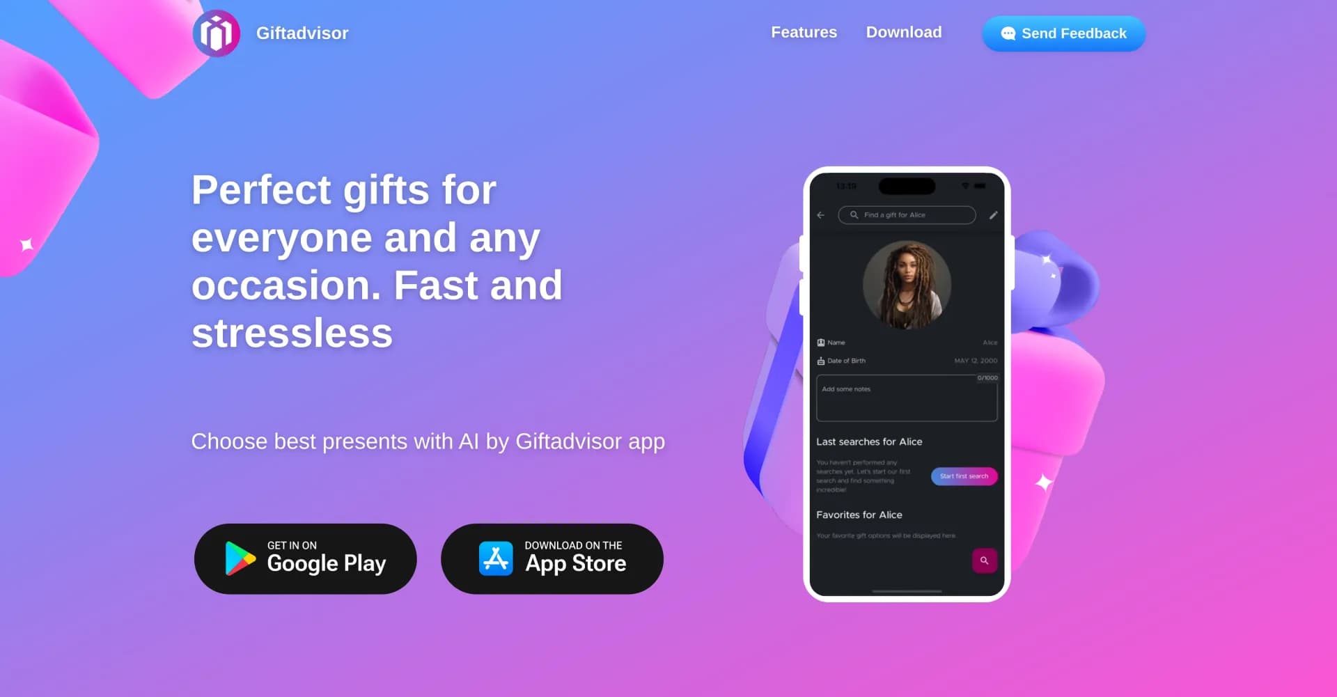 Giftadvisor homepage screenshot — AI-powered gift ideas: Perfect presents, zero stress.