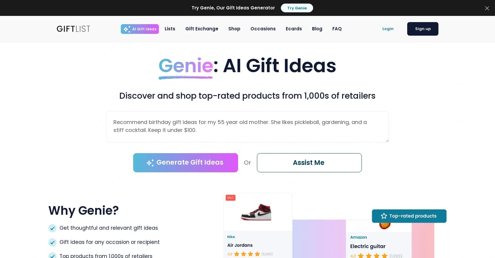 GiftList Genie homepage screenshot — AI-powered gift ideas for any occasion