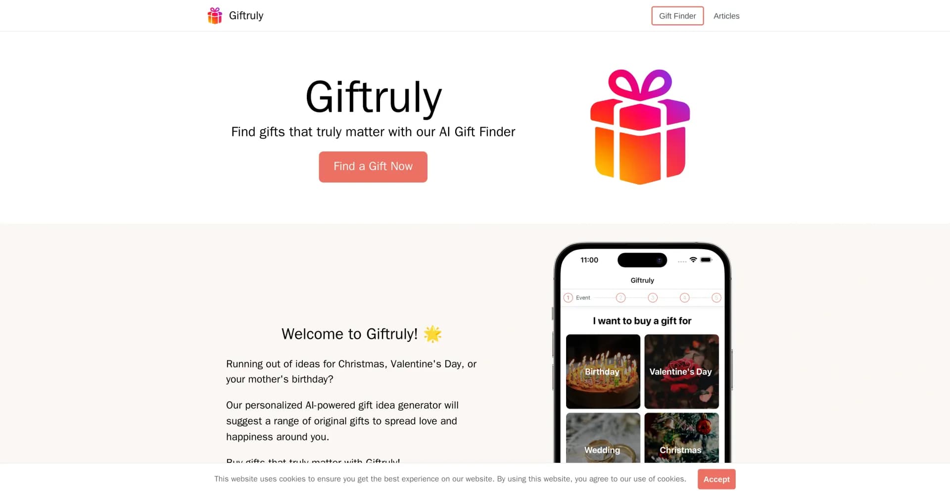 Giftruly homepage screenshot — Find gifts that truly matter with AI