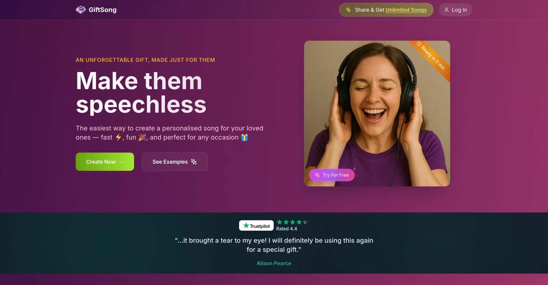 GiftSong homepage screenshot — Say it with a song