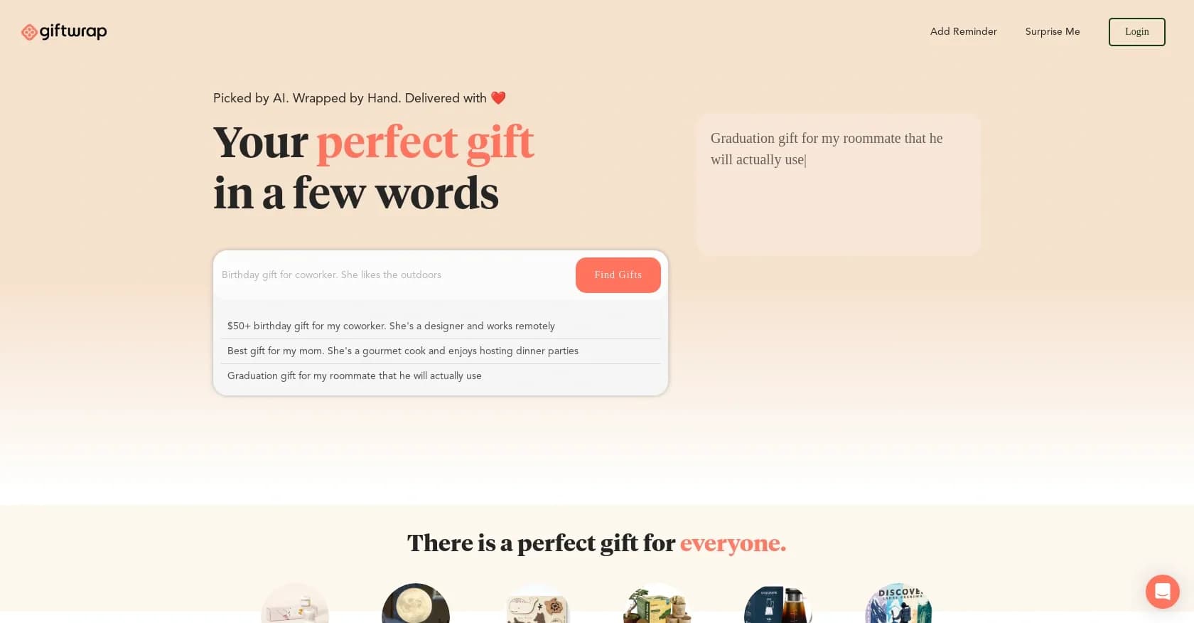 Giftwrap homepage screenshot — AI-picked gifts, hand-wrapped, delivered with love.