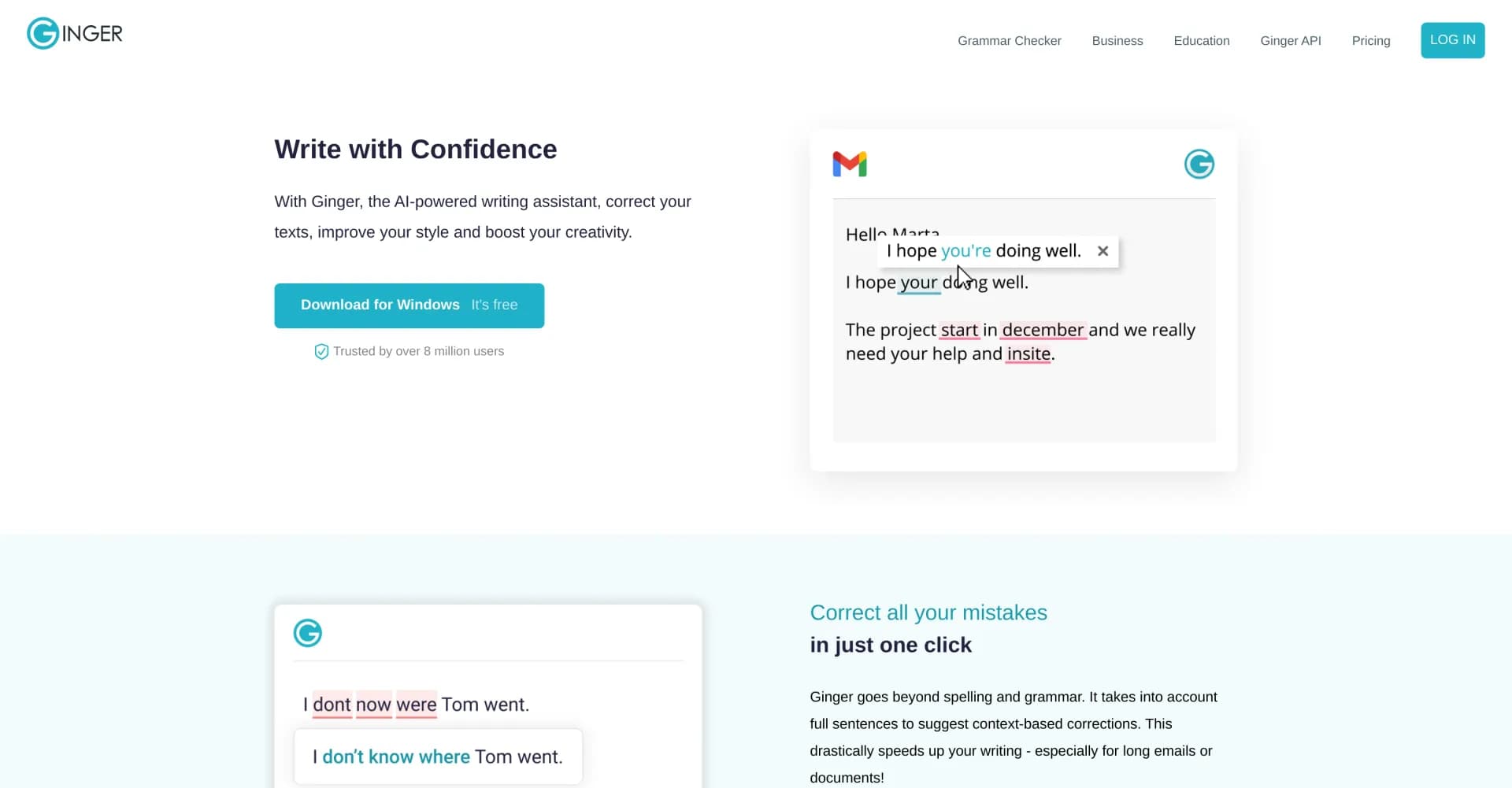Ginger Software homepage screenshot — AI-powered writing assistant for confident, error-free writi