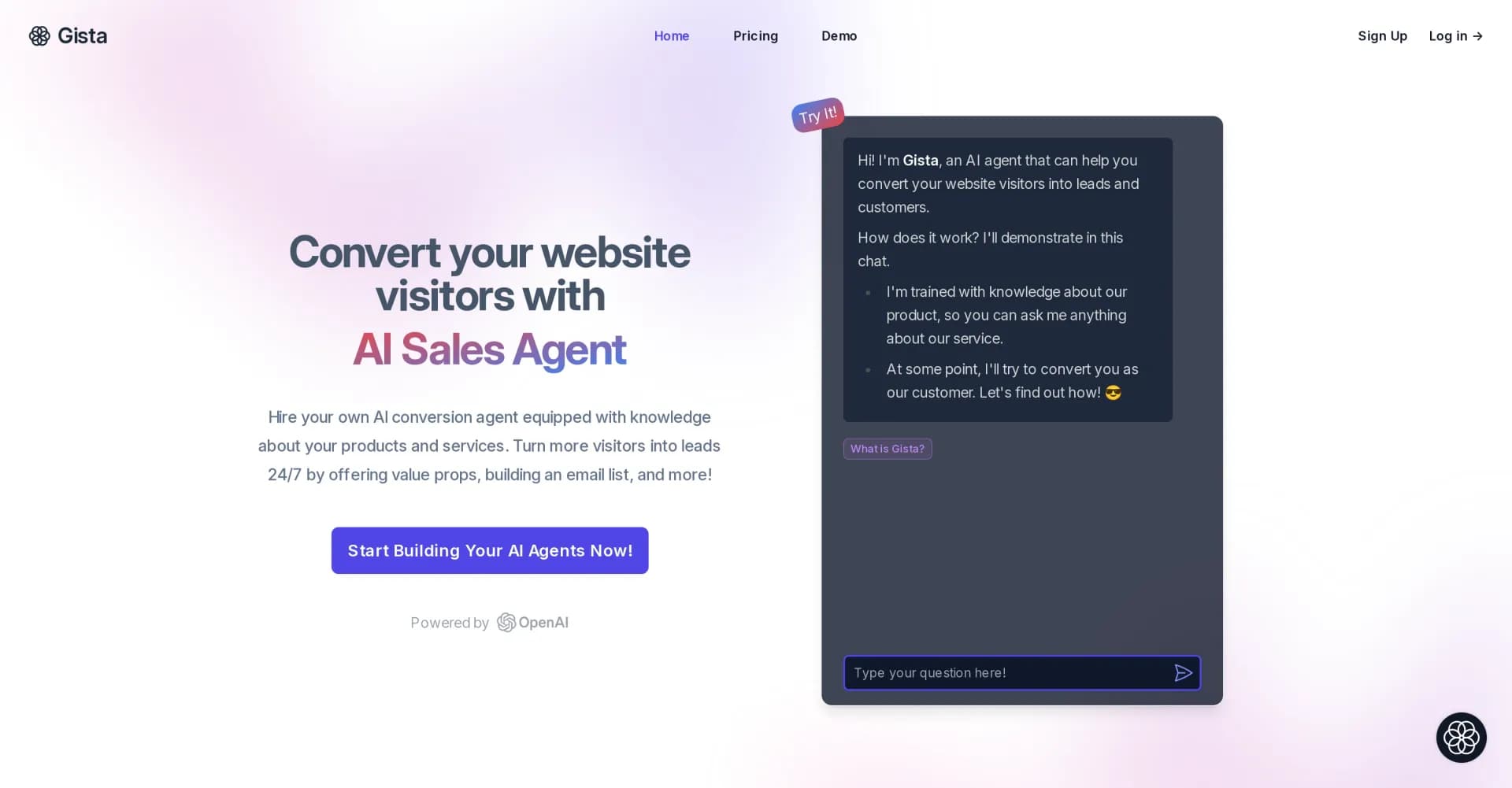 Gista homepage screenshot — Convert your website visitors with AI sales agent.