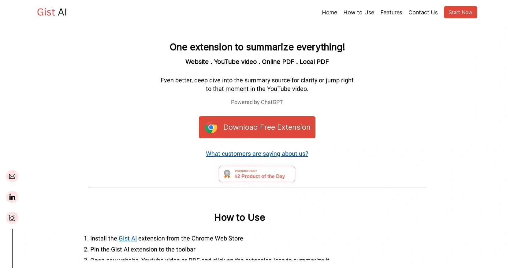GistAI homepage screenshot — Summarize websites, videos, and PDFs instantly.