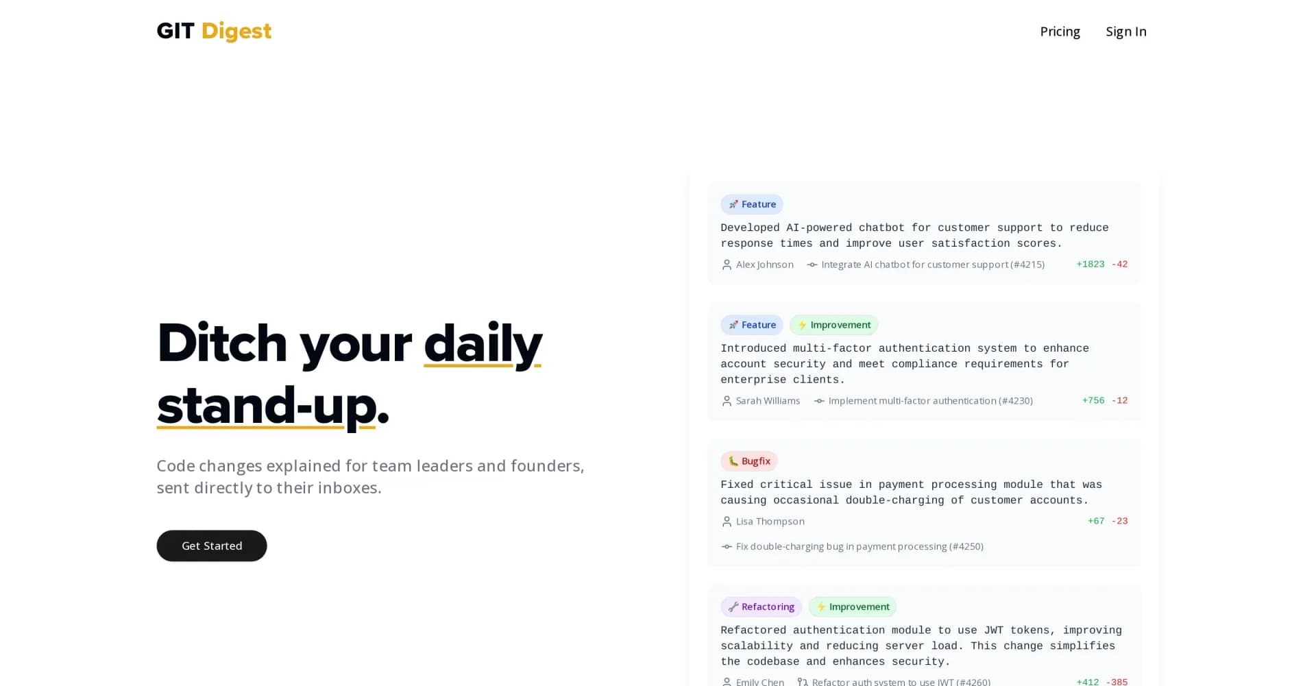 Git Digest homepage screenshot — AI-powered code summaries for teams