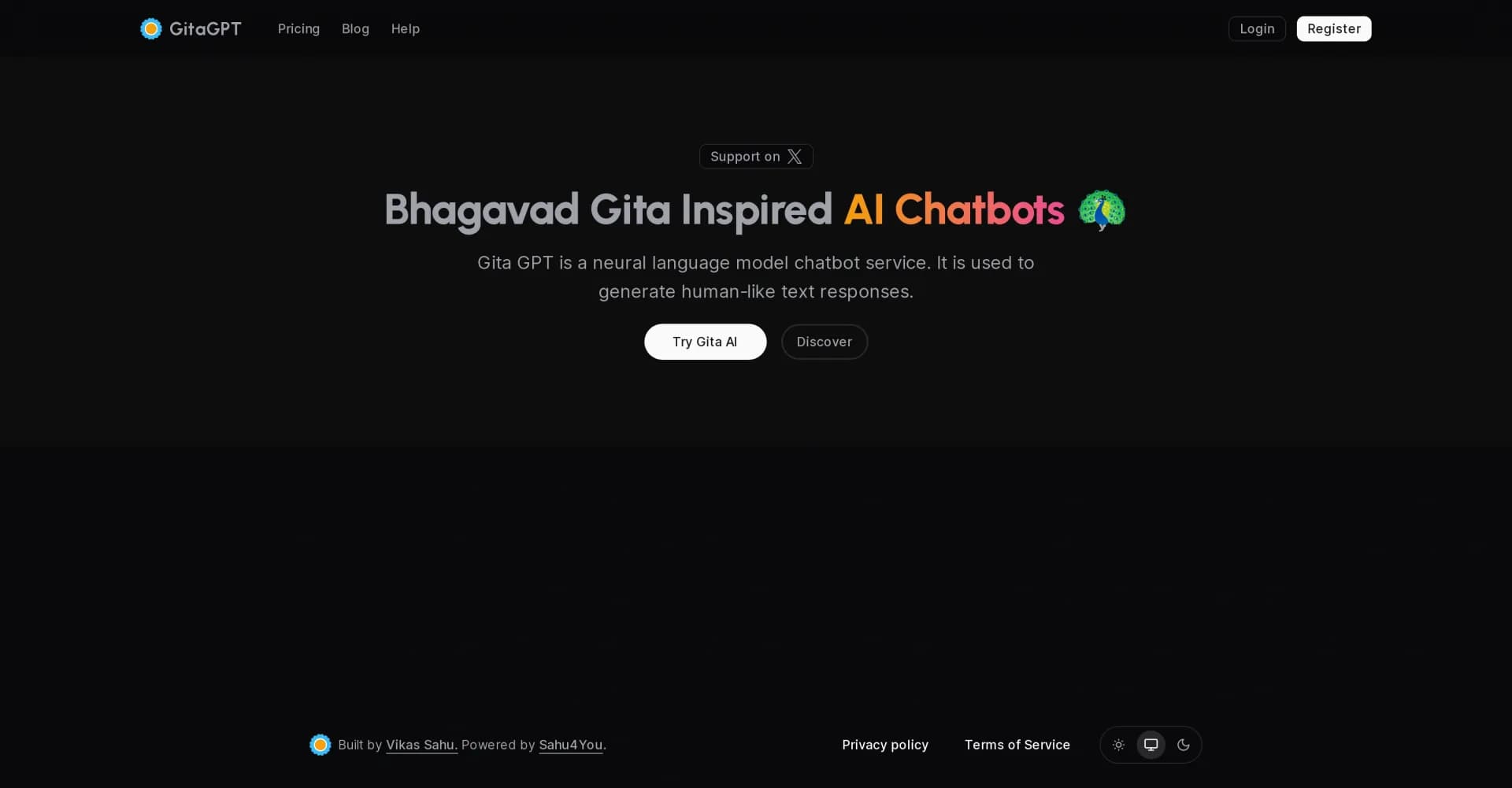 Gita GPT homepage screenshot — Bhagavad Gita wisdom for modern life challenges