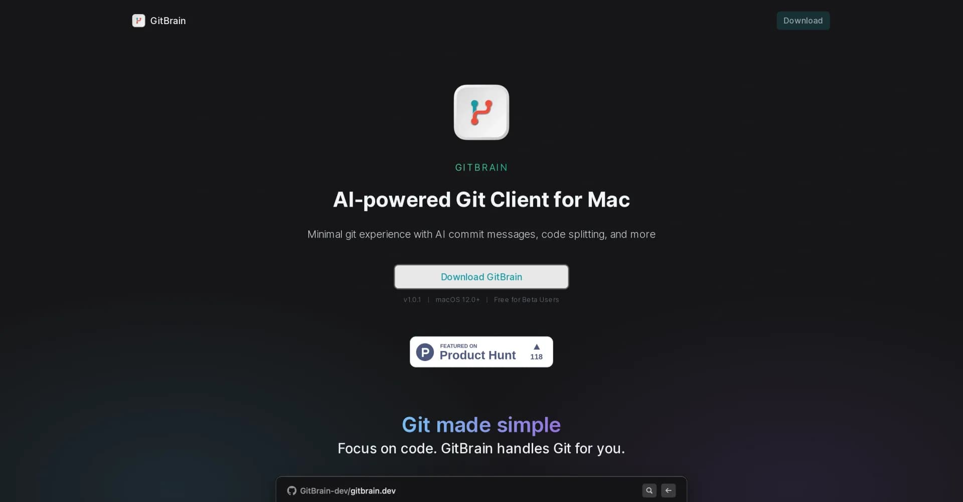 GitBrain homepage screenshot — AI-powered Git client that simplifies version control.