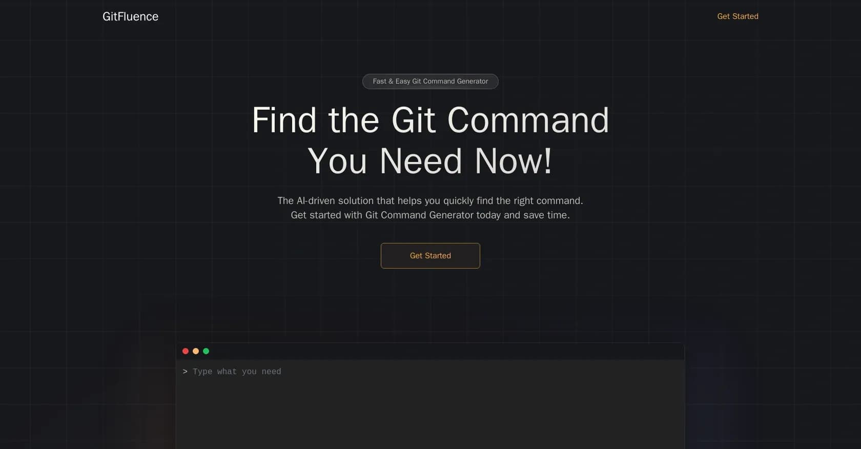 GitFluence homepage screenshot — AI-powered Git command finder