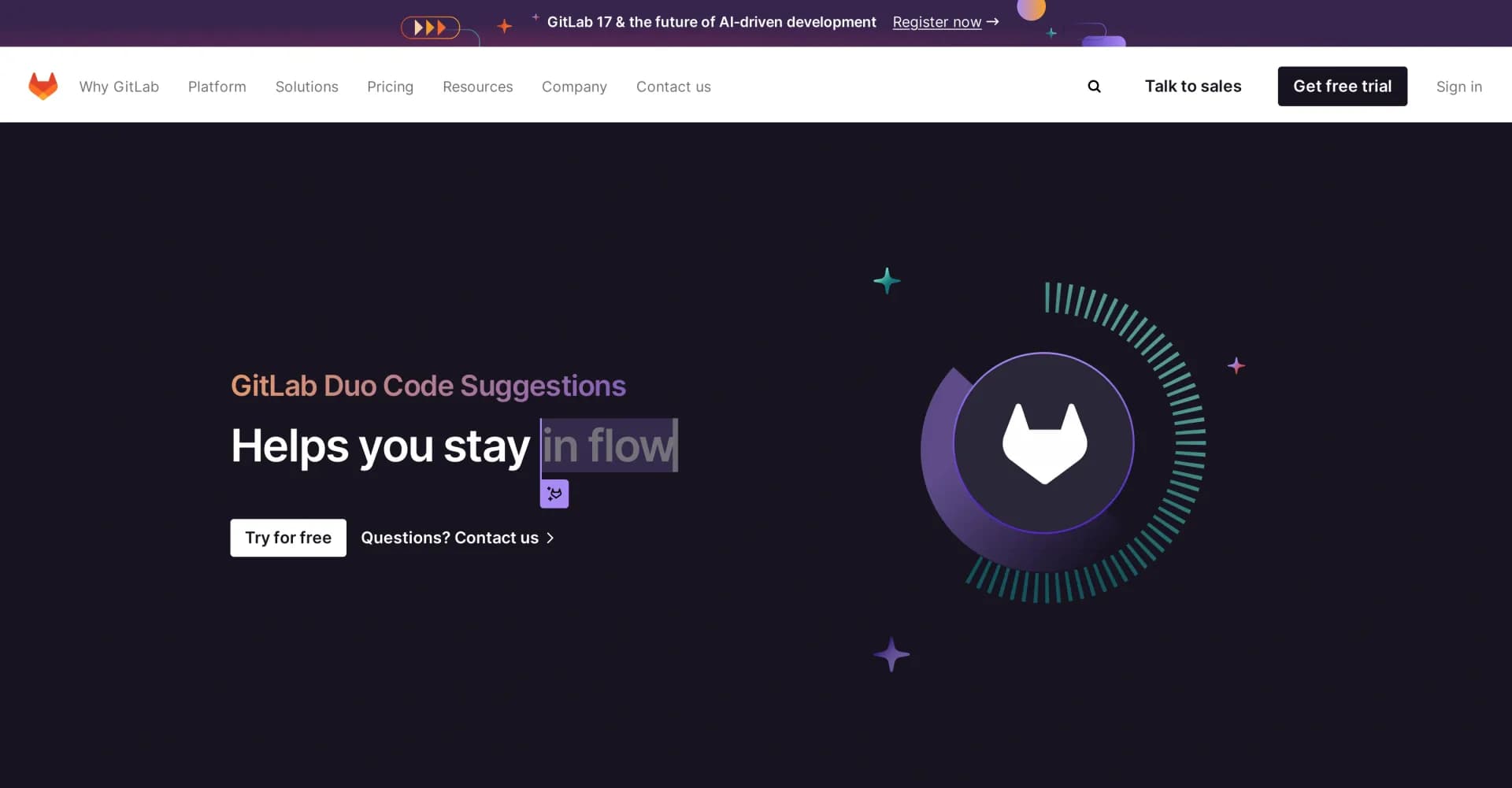 Gitlab code suggestions homepage screenshot — Accelerate coding with AI-assisted code suggestions.