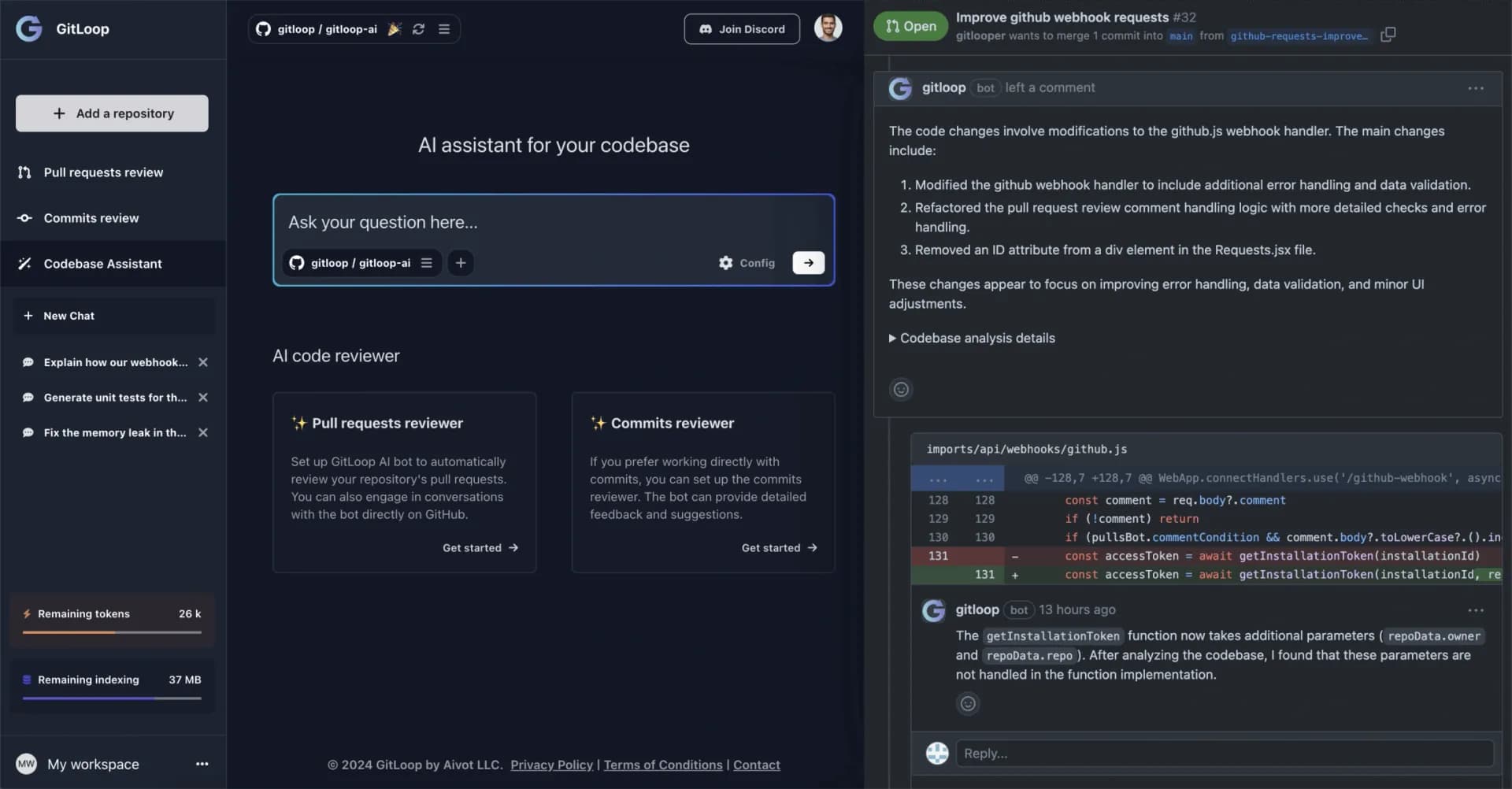 GitLoop homepage screenshot — The AI That Knows Your Entire Codebase