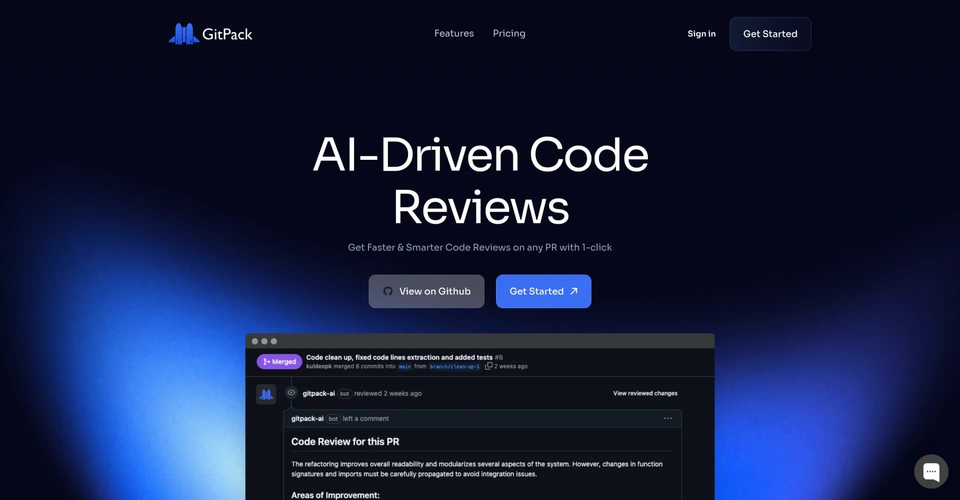 GitPack homepage screenshot — AI-powered code reviews for faster, smarter PRs
