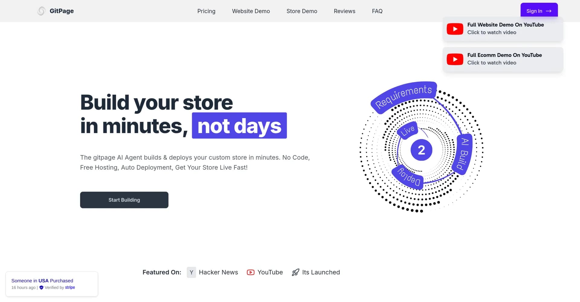 GitPage AI Website Builder homepage screenshot — Build a website in minutes, not days.