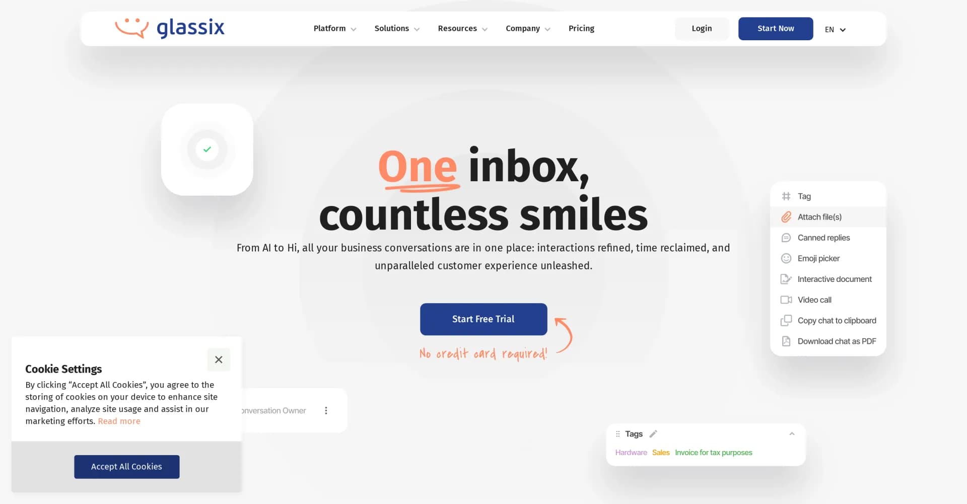 Glassix homepage screenshot — AI that speaks customer for unified messaging.