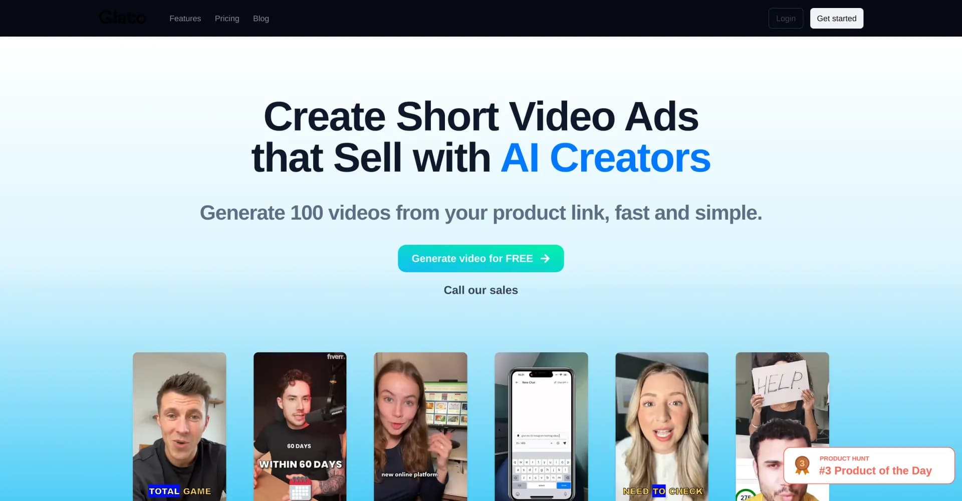 Glato AI homepage screenshot — Generate viral product videos in minutes with AI.