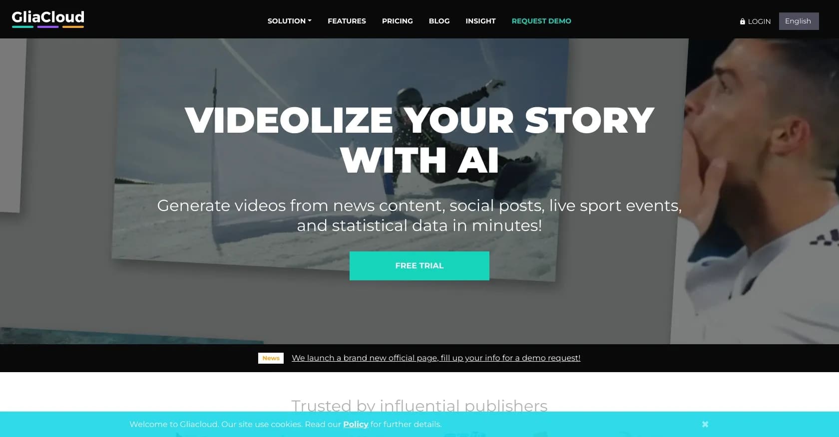 GliaStudio homepage screenshot — Generate videos from content in minutes with AI